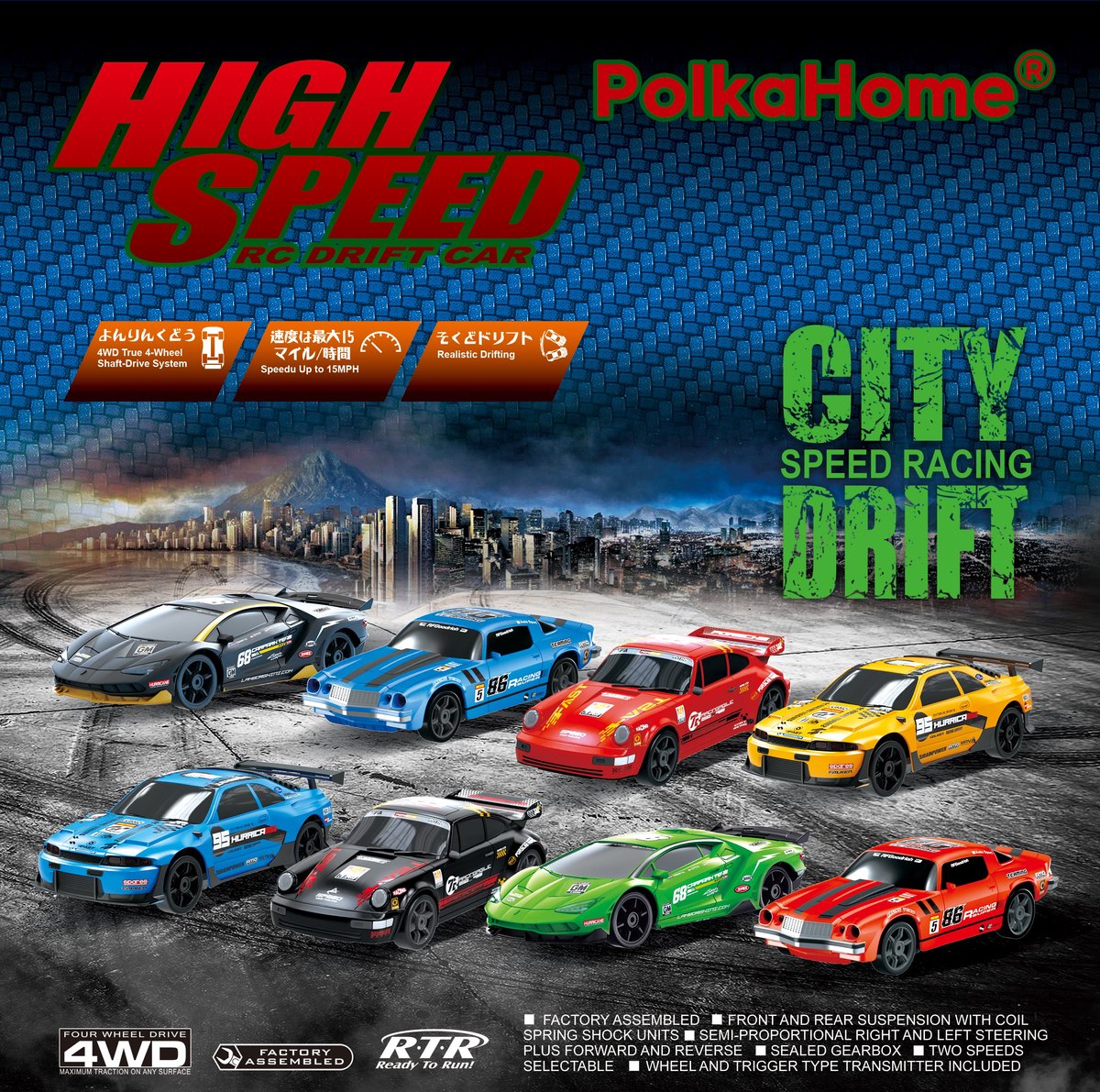 PolkaHome RC Drift Auto 1:24 – Afstandsbestuurbare RC Auto – 4WD – 2 Accu’s – 20 km/h — afbeelding 4