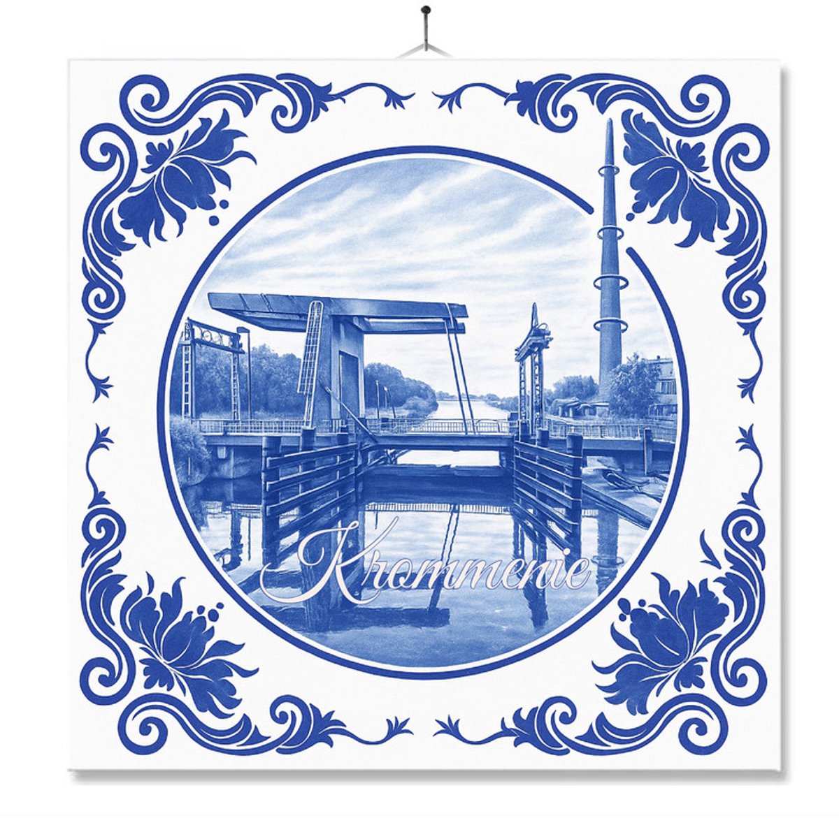 Tegel Met Opdruk | Krommenie | Delft Blauw | Cadeau | Inclusief Geschenkdoos | Standaard | Ophangsysteem