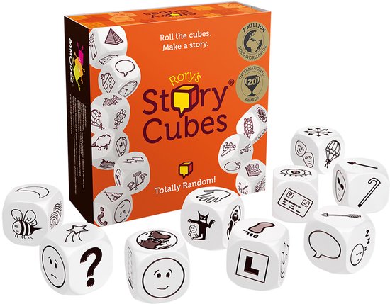 Doos van Rory's Story Cubes Classic met dobbelstenen, inclusief afbeeldingen van een bij, vraagteken, lachend gezicht en een 'L'.