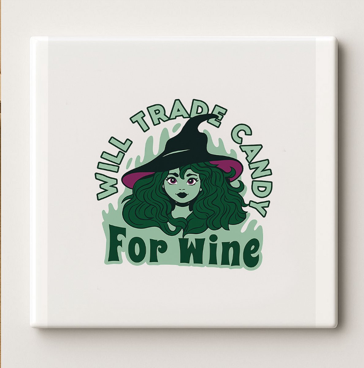 Nevolis Grappige Heks Tegel “Will Trade Candy for Wine” 15x15 cm – Humoristische Halloween Keramische Wanddecoratie Cadeau voor Wijnliefhebbers Multi Color