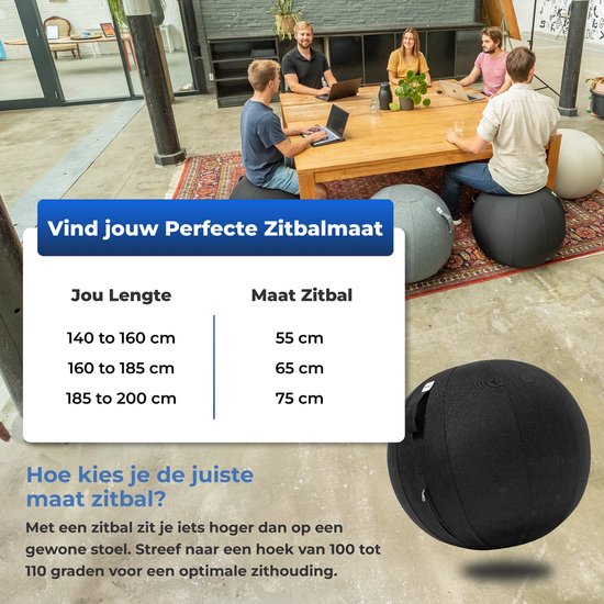 Groepsfoto van mensen die op verschillende gekleurde zitballen zitten in een grote, open ruimte.