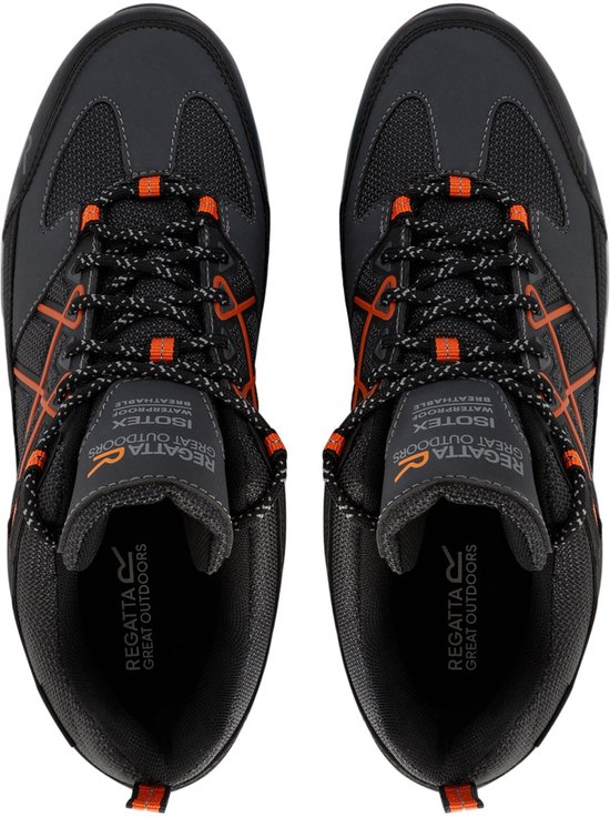 Bovenkant van zwarte wandelschoenen met grijze en oranje details.
