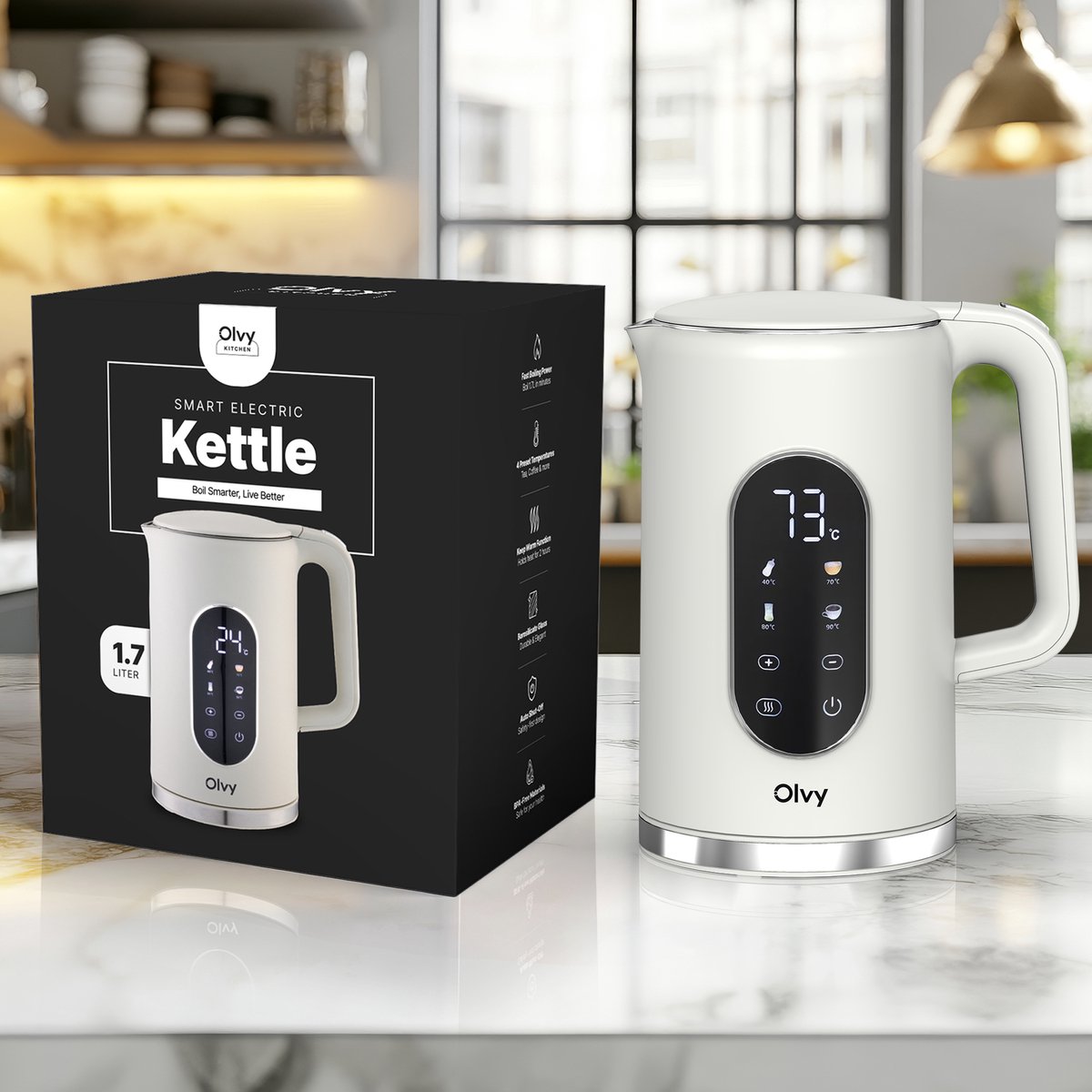 Olvy Waterkoker met Temperatuurregeling - Crème - Warmhoudfunctie - RVS - Dubbelwandig - Elektrisch - 1.7 Liter - 2200W — afbeelding 7