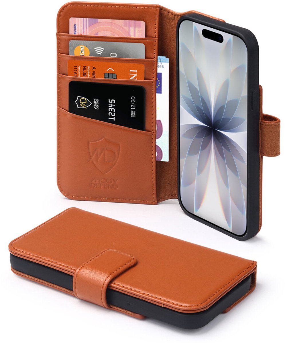 MobyDefend Hoesje - Geschikt voor iPhone 17 - Luxe Leren Wallet Bookcase - Bruin