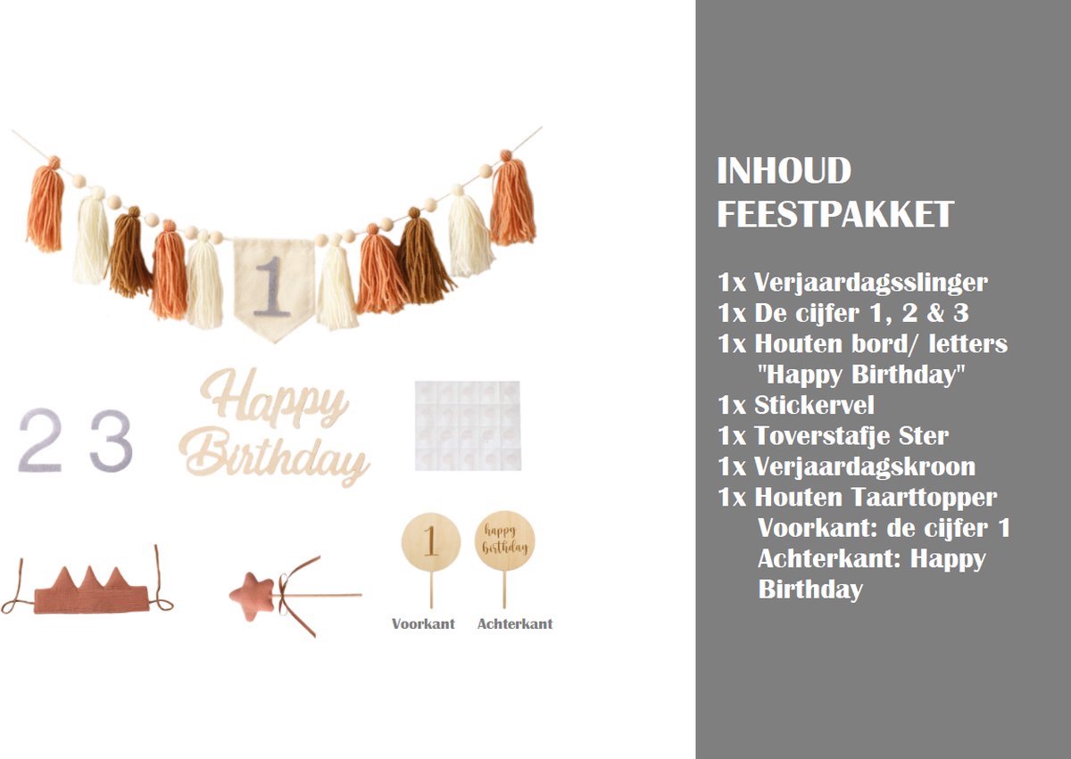 Feestpakket Verjaardag Kindje 1 jaar, 2 jaar, 3 jaar - Aardetinten en Hout - Verjaardagskroon - Verjaardagsslinger met Tassels - Toverstafje - Happy Birthday Houten Bord - Taarttopper — afbeelding 14