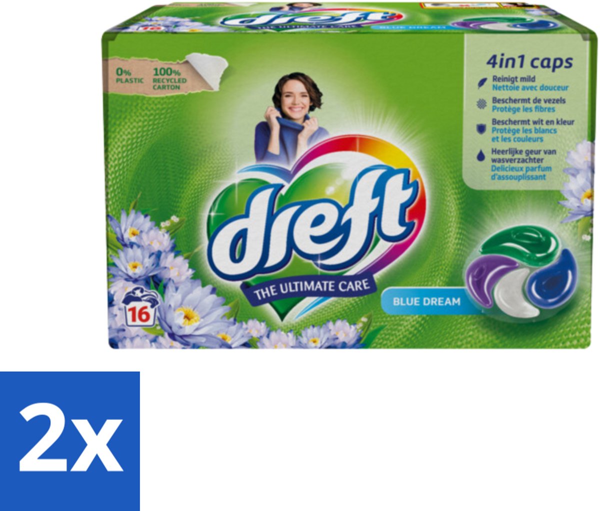 2 x Dreft - Wasmiddelcapsules - Blue Dreams - Frisse geurboost - 16 Wasbeurten - Wascapsules - Plasticvrije Verpakking - Wasmiddel - Wascapsules Dreft - Wasmiddel Capsules
