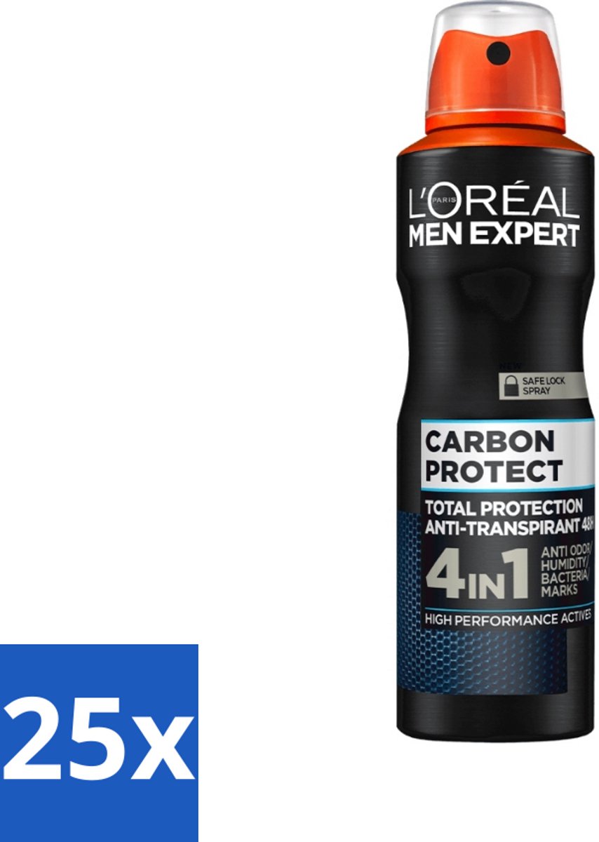 25 x L'Oréal Men Expert Deodorant Spray Carbon Protect 150 ml - Deodorant Spray - Anti-geur - Anti-vocht - Anti-bacterie - Vlekken Op Kleding