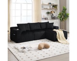 Pugsdrly Modulaire bankenset met chaise longue en 2-zitsbank, bekleding van zacht corduroy, met 5 kussens, zijvakken en bekerhouders, schuim met hoge dichtheid, DIY-combinatie, ideaal voor de woonkamer, het appartement en de studio.