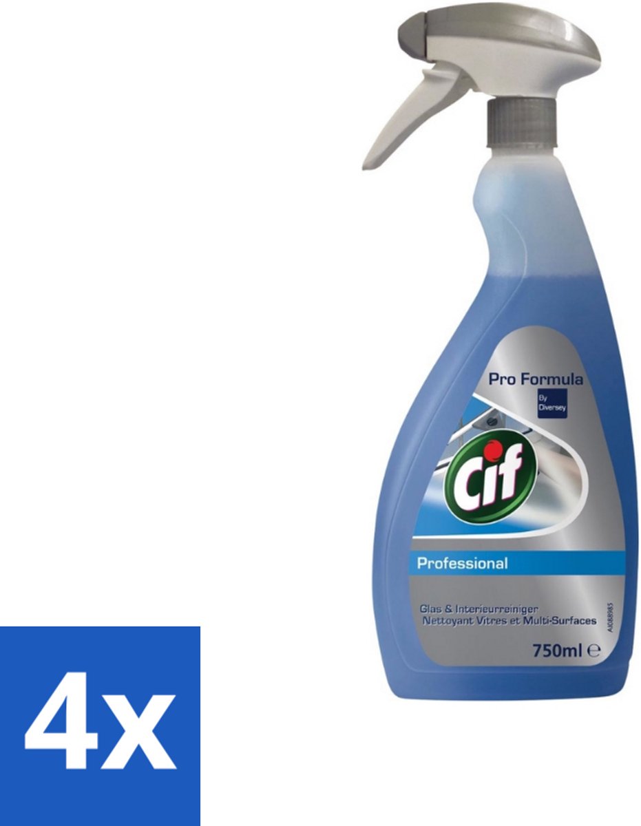 4 x Cif Glas- en Ruitenreiniger - Spray - Streeploze Glans - Voor Ramen en Spiegels - 750 ml - Glasreiniger - Ramen Schoonmaken - Spiegels Schoonmaken - Streeploos Schoon - Glasglans