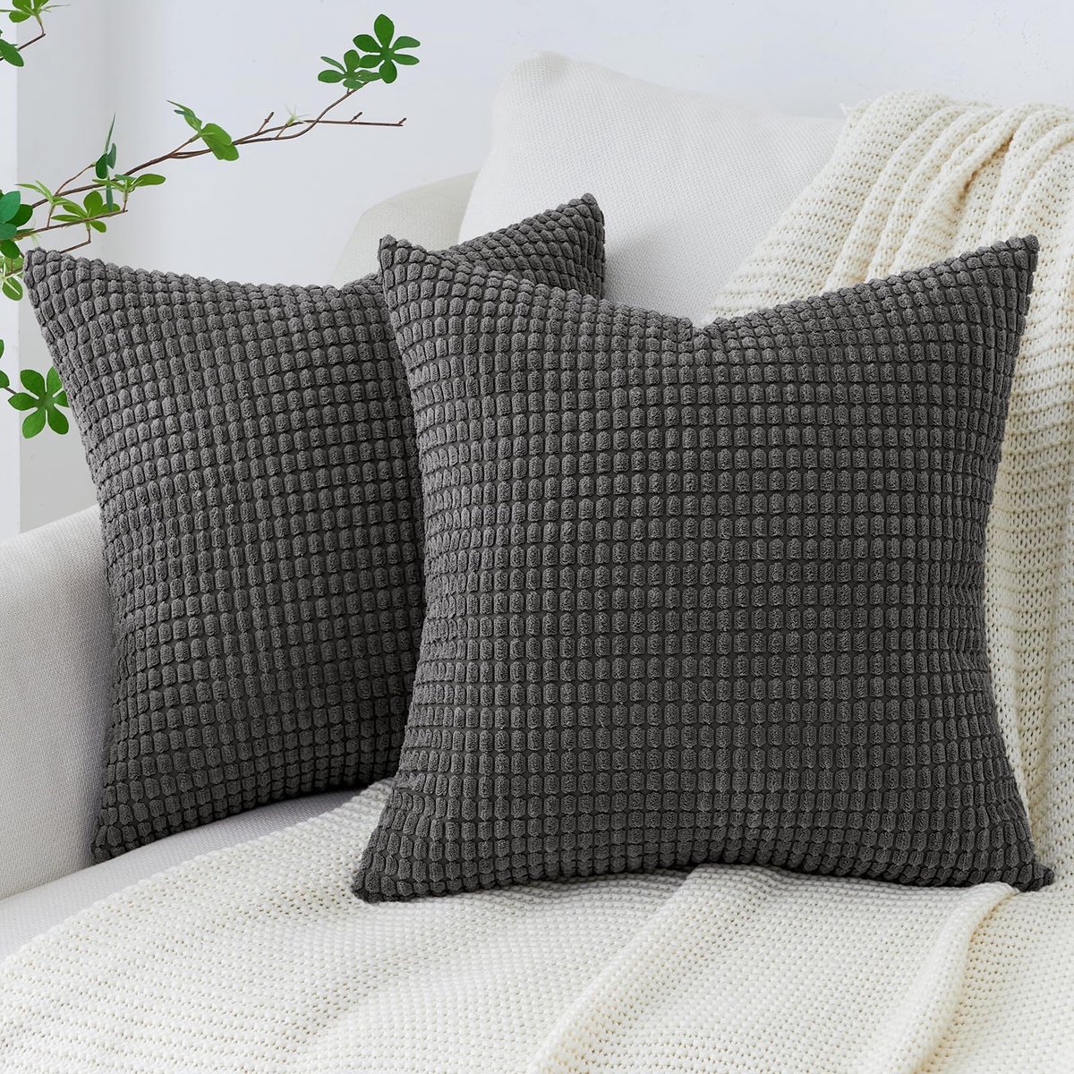 Ibenzoa® Set van Twee Donkergrijze Corduroy Kussenslopen voor Woon- en Slaapkamer