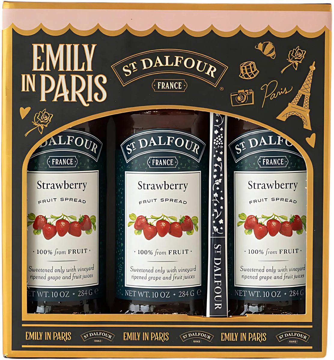St. Dalfour Confiture Cadeauset – Emily in Paris Editie – 100% fruit, zonder toegevoegde suiker, glutenvrij – 3x284g (Aardbei) met lepel
