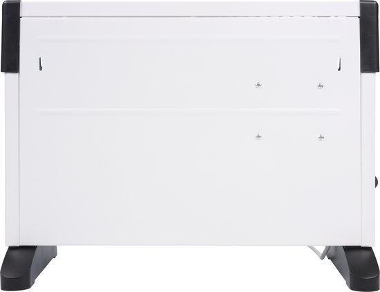 Achterkant van een witte Tristar convector kachel met zwarte voetjes en zwarte handvatten aan de zijkanten.
