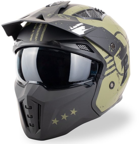 VINZ Shikoku Street Fighter Helm met Zonnevizier | Jethelm met mondstuk | Scooterhelm & Motorhelm & Brommerhelm | ECE 22.06 goedgekeurd | Lichtgewicht 1450 gram | Inclusief Opbergzak - Groen - S