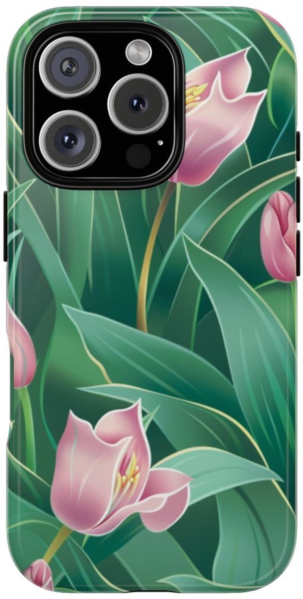 Roze Tulp Bloemenpatroon – Telefoonhoesje Geschikt voor iPhone 16 Pro