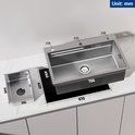 Zilverkleurige spoelbak met afmetingen en een kleinere verplaatsbare spoelbak ernaast.