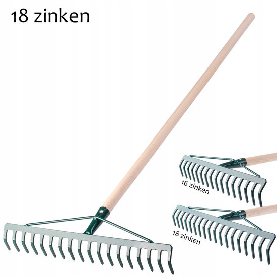 KADAX hark, brede hark voor tuin, bloembed, gazon, tuinhark, strijkhark van metaal, bladhark, bladhark, tuingereedschap, hooikoork, tuingereedschap (18 tanden, houten steel) van KADAX — afbeelding 4