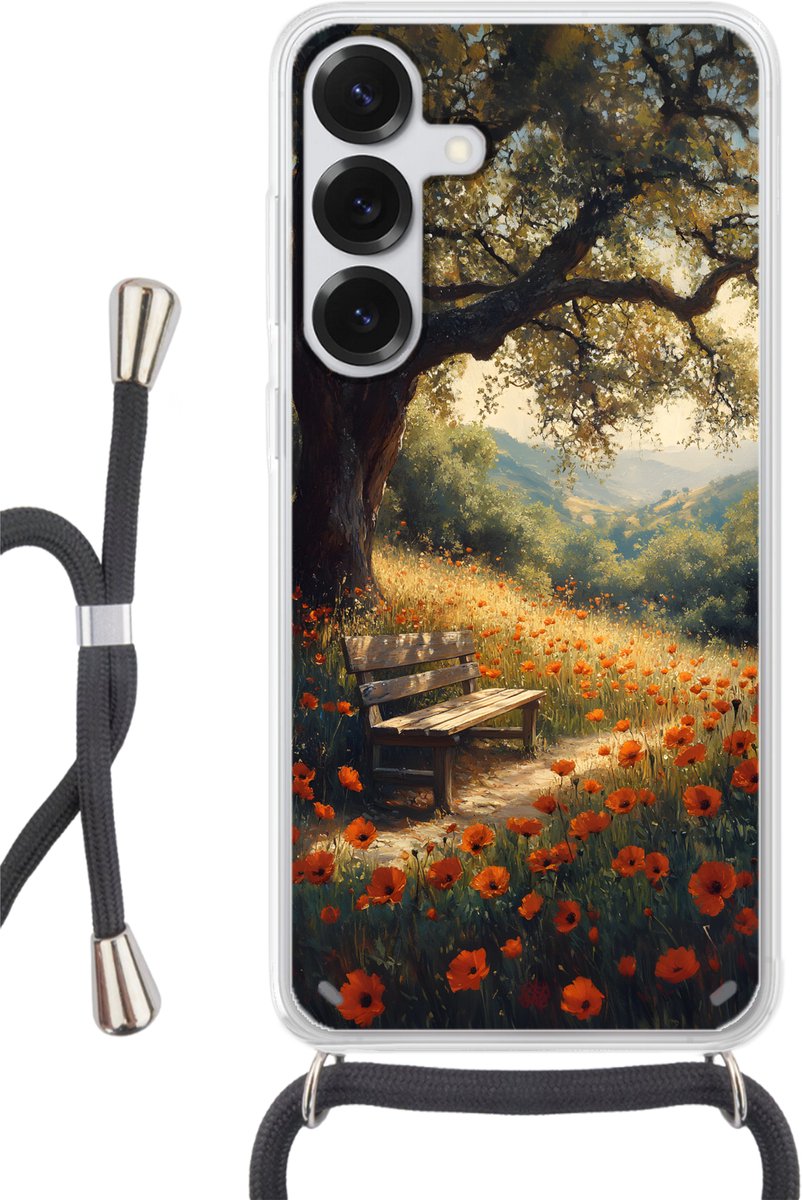 Telefoonhoesje Geschikt voor Samsung Galaxy S25 - Bankje - Boom - Klaprozen - Heuvels - Siliconen - Crossbody - Backcover met Koord - Telefoonhoesje met koord - Hoesje met touw Telefoonhoesje