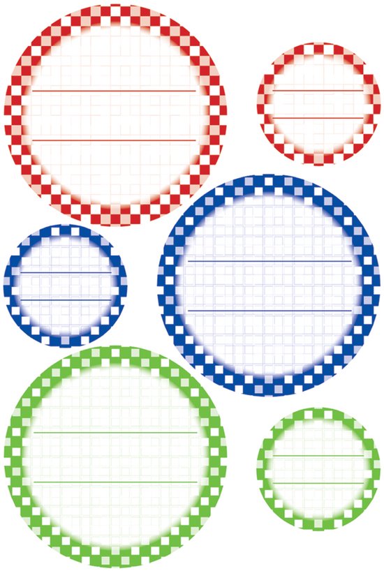 Ronde etiketten met rood, blauw en groen geblokte rand. Inclusief lijnen voor tekst.