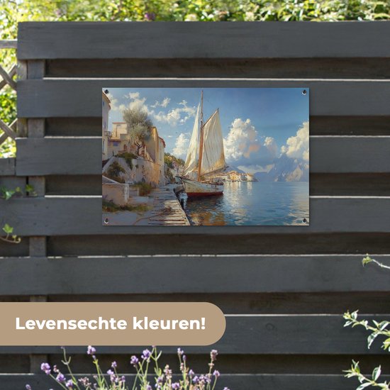 Tuinposter 90x60 cm - Tuindecoratie Zeilschip - Huizen - Kade - Zee - Poster voor in de tuin - Buiten decoratie - Schutting tuinschilderij - Tuindoek muurdecoratie - Wanddecoratie balkondoek