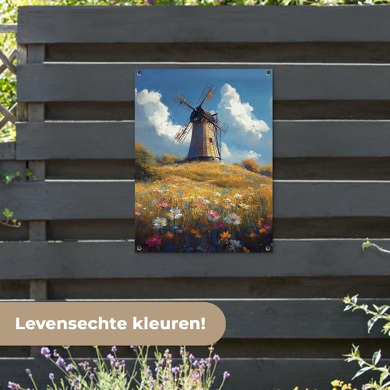 Tuinposter 60x80 cm - Tuindecoratie Windmolen - Heuvel - Bloemen - Kleurrijk - Poster voor in de tuin - Buiten decoratie - Schutting tuinschilderij - Tuindoek muurdecoratie - Wanddecoratie balkondoek