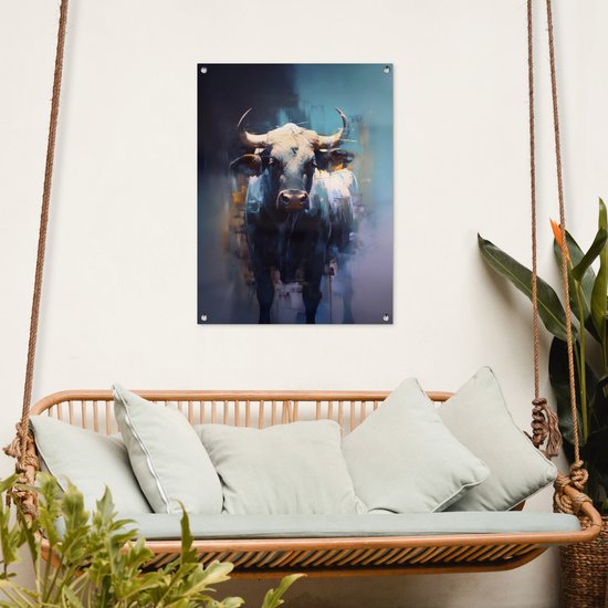 Tuinposter 60x80 cm - Tuindecoratie Stier - Zwart - Abstract - Horens - Poster voor in de tuin - Buiten decoratie - Schutting tuinschilderij - Tuindoek muurdecoratie - Wanddecoratie balkondoek