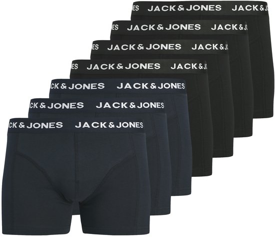Zes paar JACK & JONES boxershorts in het zwart en donkerblauw, met witte taillebanden.
