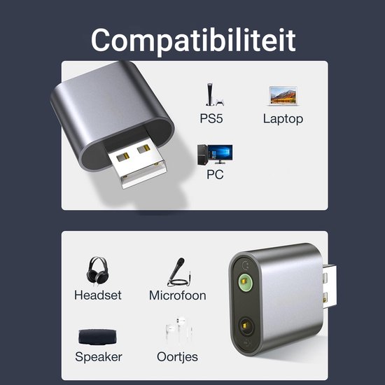 Compatibiliteitsgrafiek toont dat de QOST USB geluidskaart werkt met PS5, laptop en PC, en aansluit op headset, microfoon, speaker en oortjes.