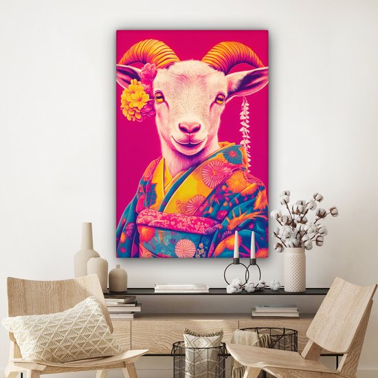 Tableau sur toile 80x120 cm - Décoration murale exclusive Chèvre - Cornes - Kimono - Coloré - Décoration murale salon - Décoration chambre - Accessoires de décoration - Peintures sur toile