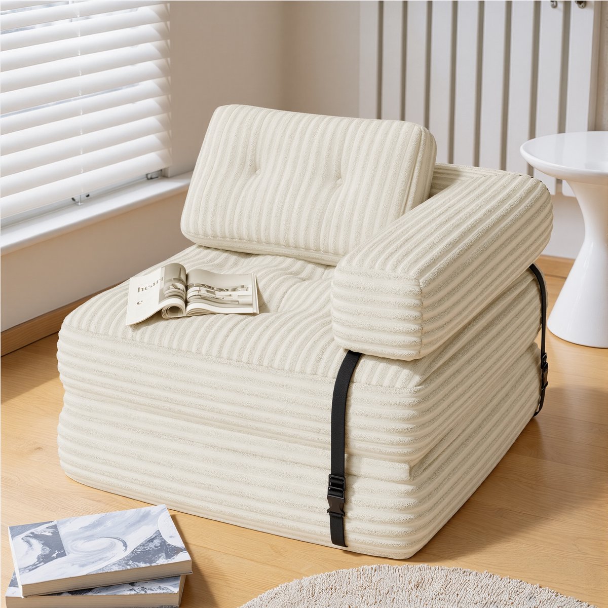 Bealife AR34 Slaapbank - 3-in-1 Opvouwbaar - Enkel - Corduroy - Verbeterde Armleuningen - Beige