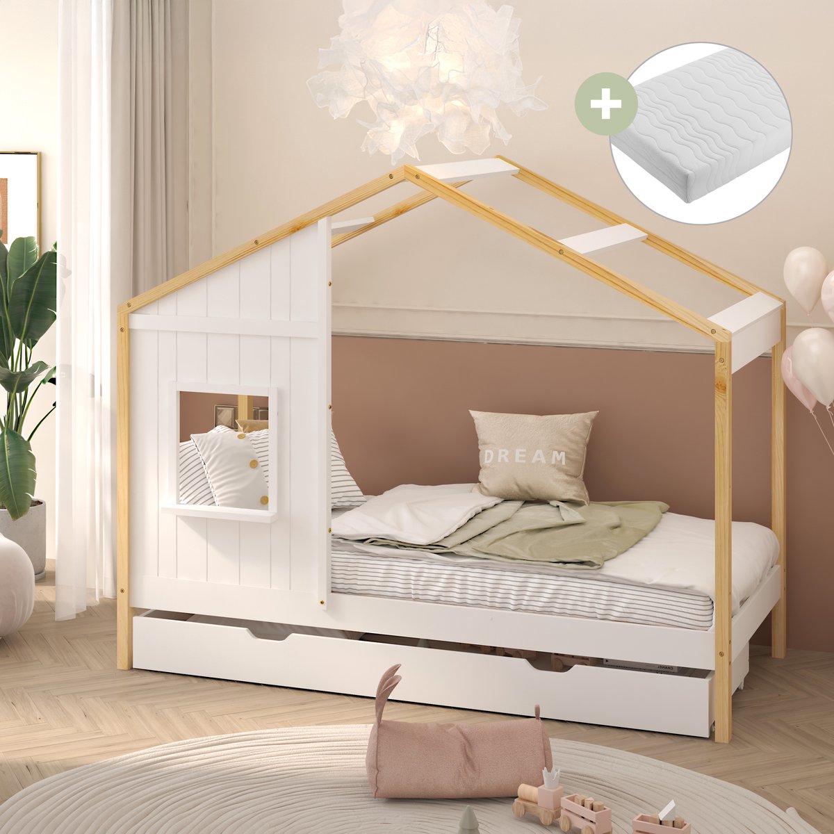 Sunny Beau Bedhuisje – Kinderbed Met Opberglade – Met Uitvalbeveiliging – 208 x 97 x 171 cm – Peuterbed Meisjes en Jongens – FSC 100% Hout – Huisbed 90x200 - Met Lattenbodem – Kajuitbed - Inclusief Matras – Naturel/wit