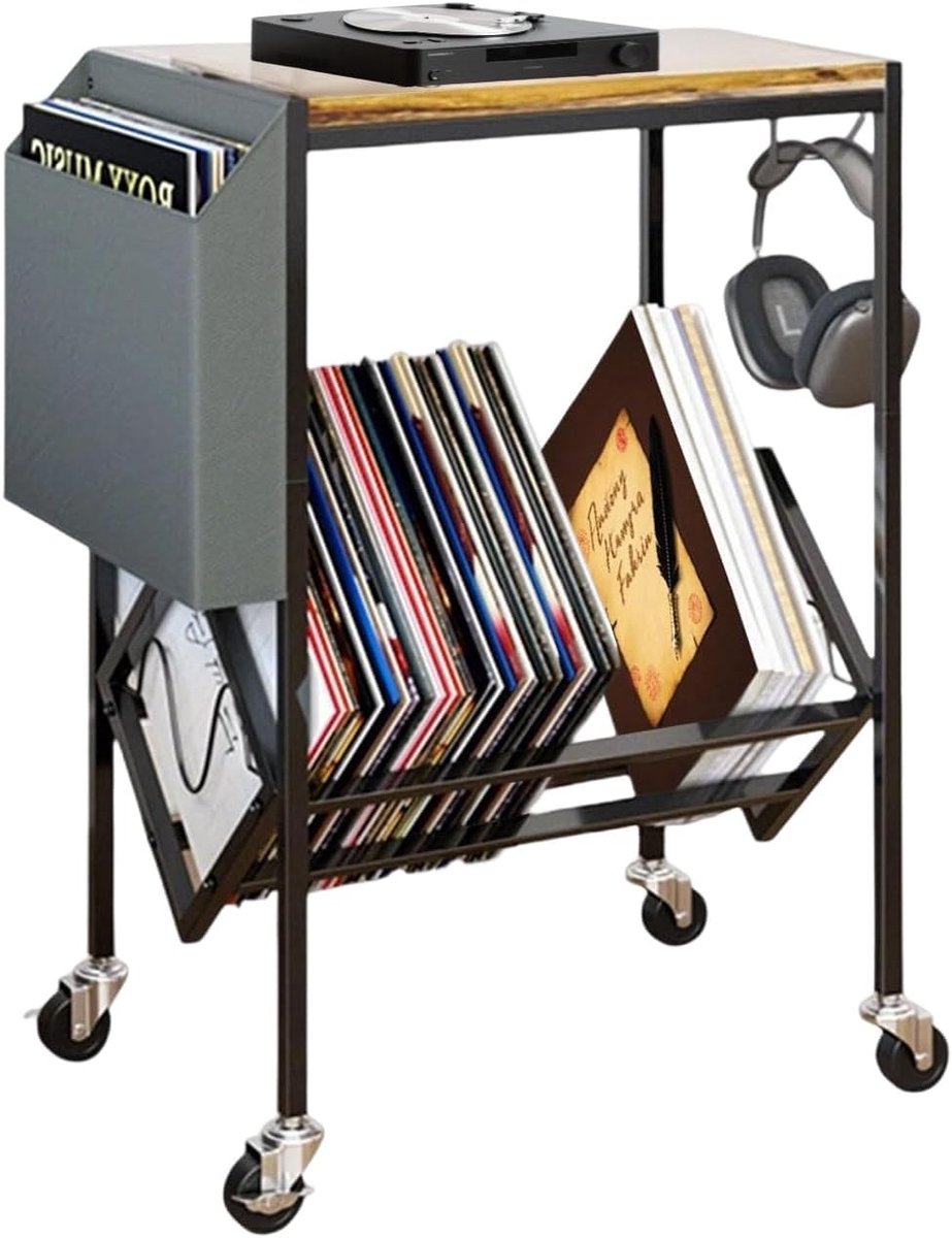 Vintage platenspelerstandaard - opbergstandaard voor vinylplaten - zijdelingse opbergdoos en open rek met wielen