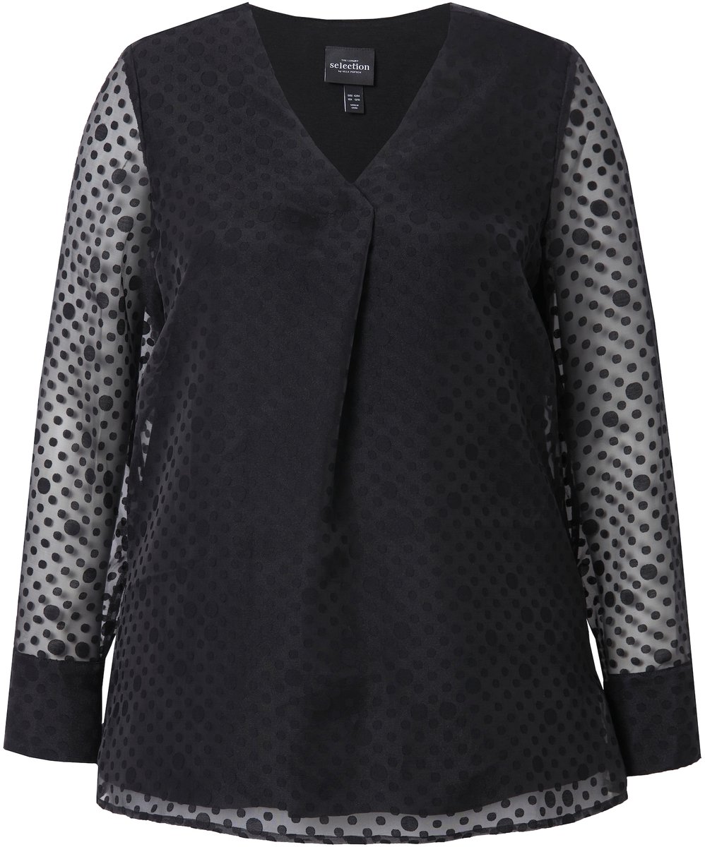Ulla Popken - Dames - Overhemdblouse stippen dubbelgelaagd V-halslijn - Zwart - Maat 42+