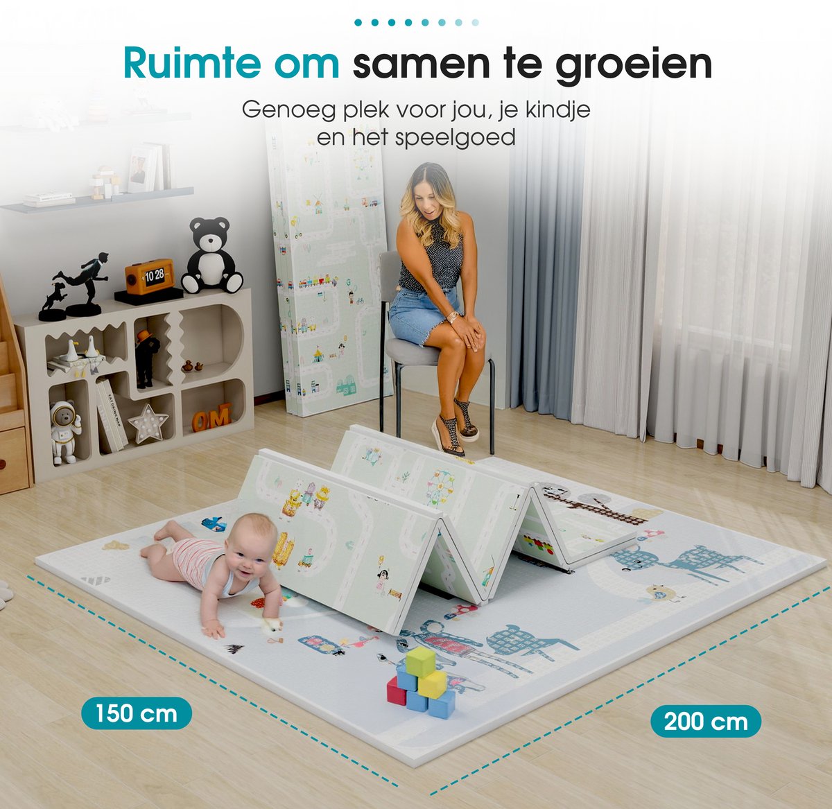 Speelmat – Speelkleed - Babygym Kinderen – Zachte Kruipmat met autowegen en dieren – Boxkleed - Speelmat foam - Baby - Opvouwbaar - 150x200 cm - Babyshower - Inclusief opbergtas — afbeelding 6