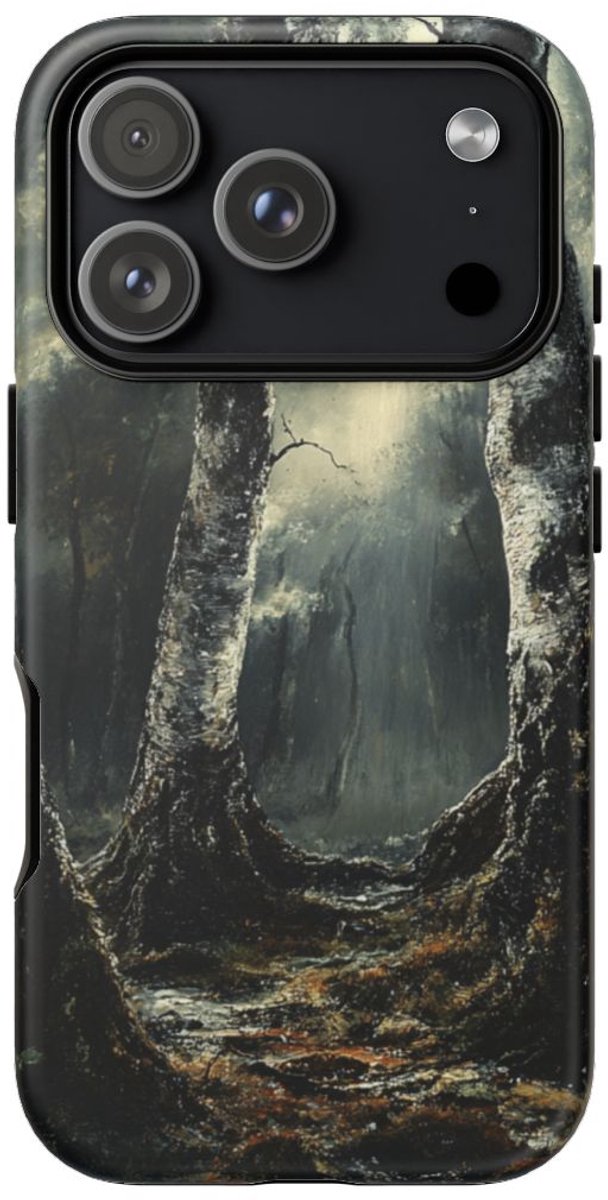 Donkere Berkenbomen in Sfeervol Bos – Telefoonhoesje Geschikt voor iPhone 17 Pro