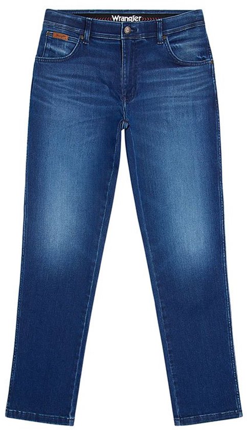Slanke blauwe jeans met licht vervaagd effect, Wrangler logo op de tailleband.