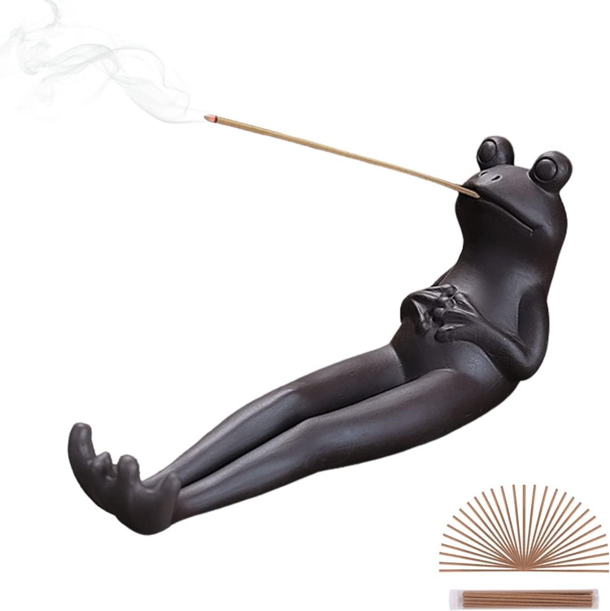 Incense Stick Holder - Ceramic Incense Burner Ash Catcher with 45 Sandalwood Incense Sticks - Frog Ornament for Aromatherapy/Yoga/Meditation/Home Décor