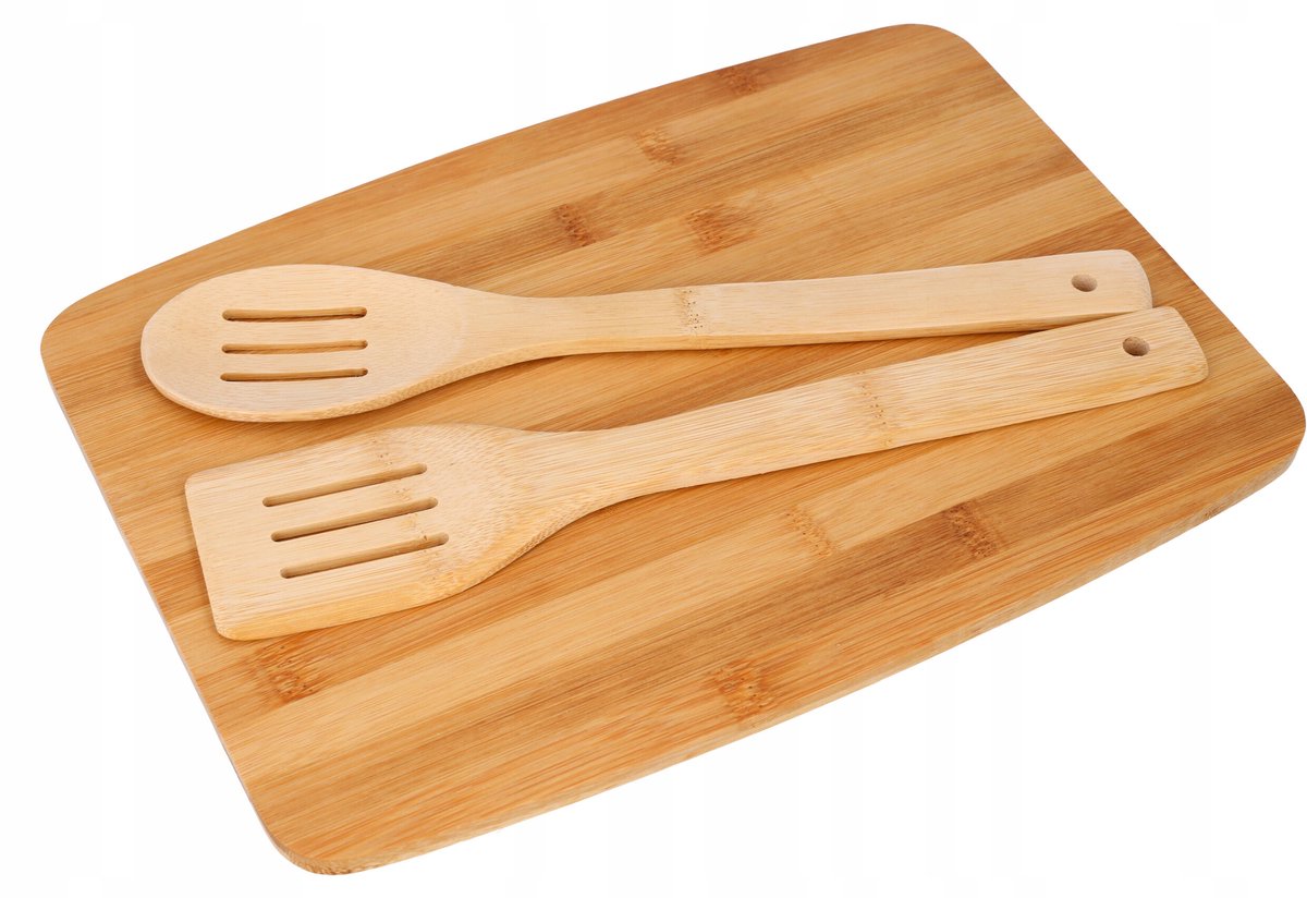 Houten snijplank met bamboe pepel en spatelset