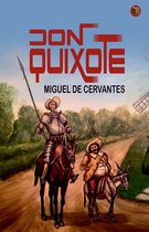 Don Quixote, met ridder te paard en Sancho Panza op een ezel, voor molens.