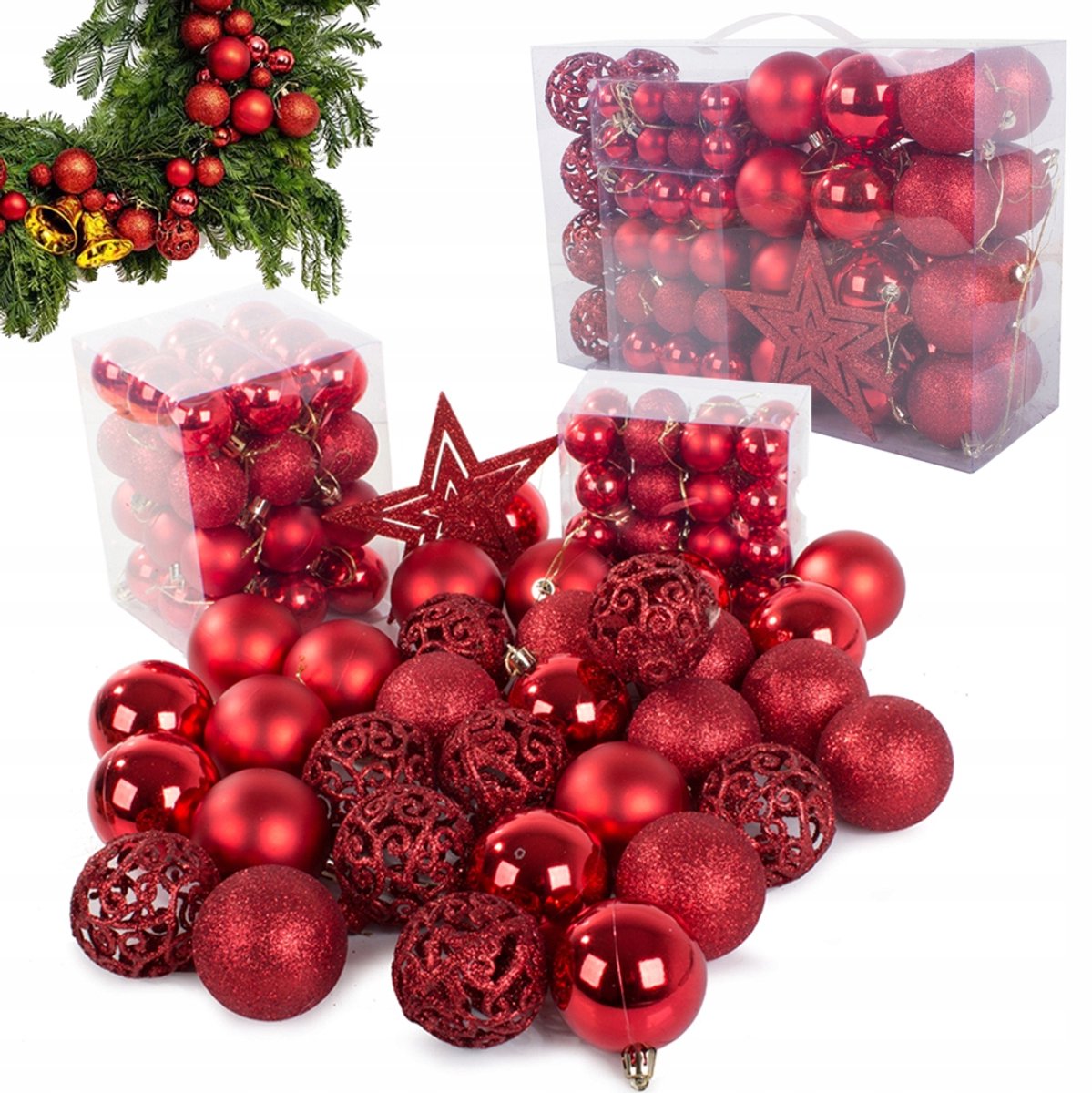100 Kerstballen Set met Ster - 3 Maten - Rood Kunststof