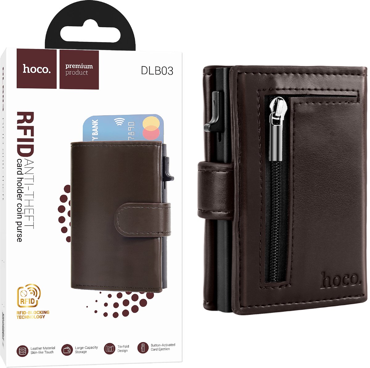 Hoco Pasjeshouder met Rits - Donker Bruin - Uitschuifbaar Creditkaarthouder mannen & Vrouwen - Anti-theft Portemonnee met RFID - 10 Pasvakjes Pop up Wallet met Brief- en Muntgeld Vakken