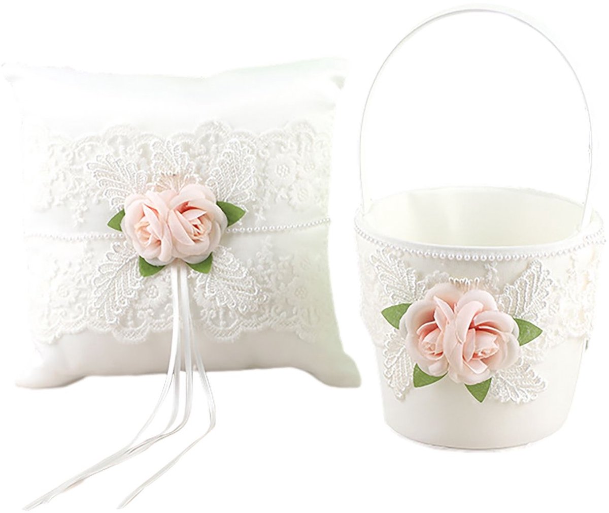 Bruiloft Accessoires-Bloemenmeisjesmand + Ringkussen 12,5x9,8x22 / 20x20cm-1 set-Wit/Roze-Romantische Ceremonies & Decoratie