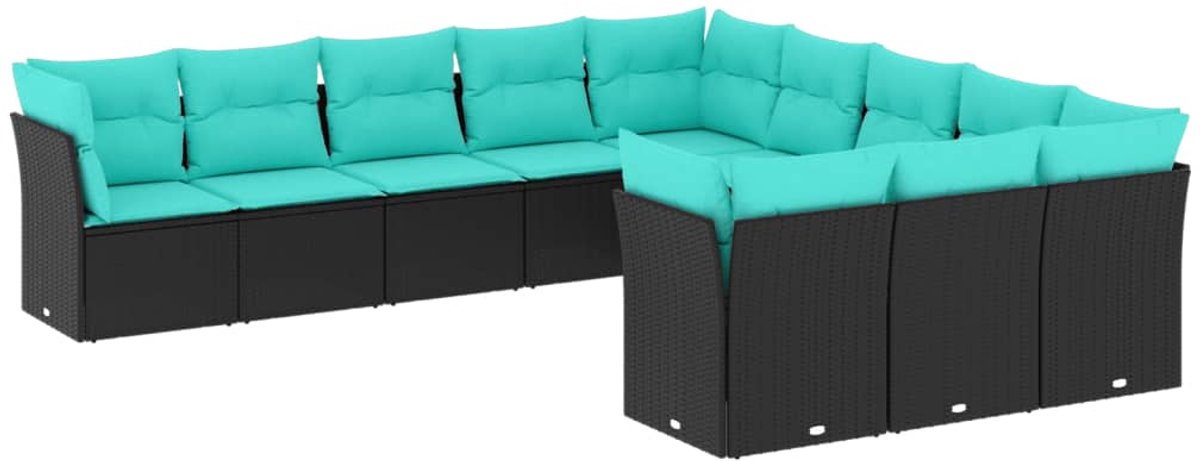 vidaXL - 11-delige - tuinbankset - met - kussens, - zwart - polyrotan