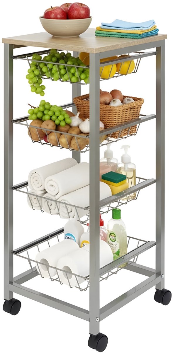 Lomera Keukentrolley op Wieltjes - Verrijdbare Trolley - Serveerwagen - Keuken Opbergtrolley - Houten Werkblad - Uitneembare Manden - Metalen Lades - Keuken Organizer - Zwenkwielen - Ruimtebesparend - Keuken en Badkamer - Extra Werkruimte