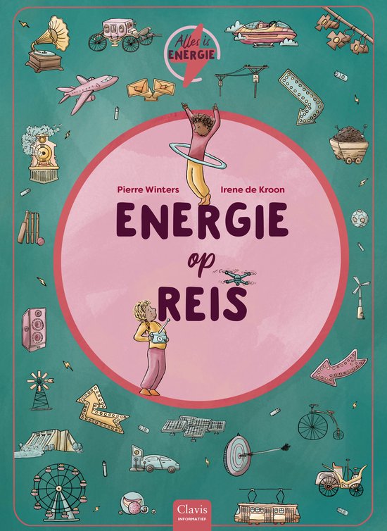 Boekillustratie met titel 'ENERGIE op REIS'. Kinderen met hoelahoep en drone, omringd door diverse energiebronnen en transportmiddelen.