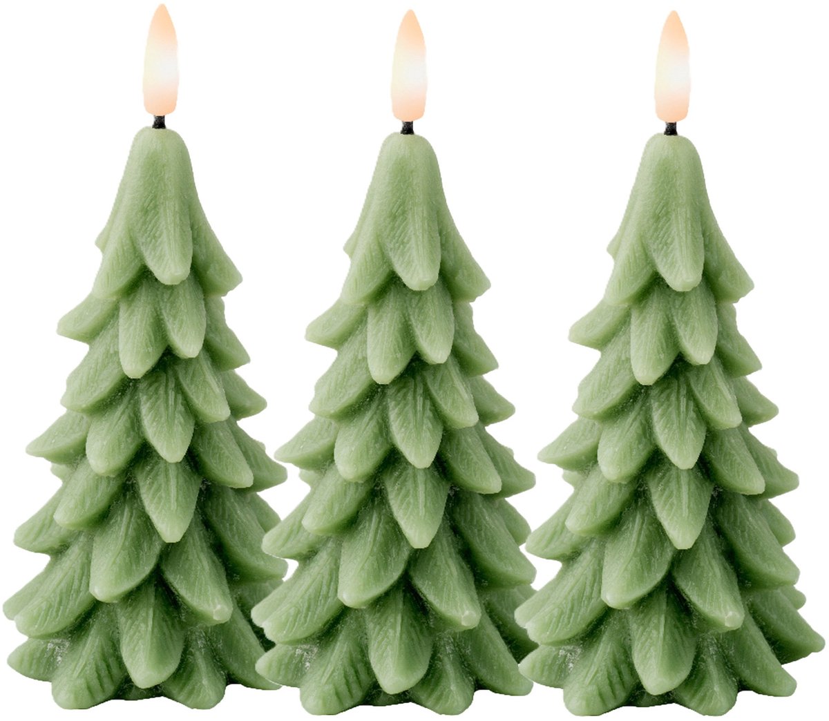 Lumineo LED kerstboom kaars - 3x - groen - 15 cm - batterijen - timer - kerstboom vorm kaarsen - kerstdiner