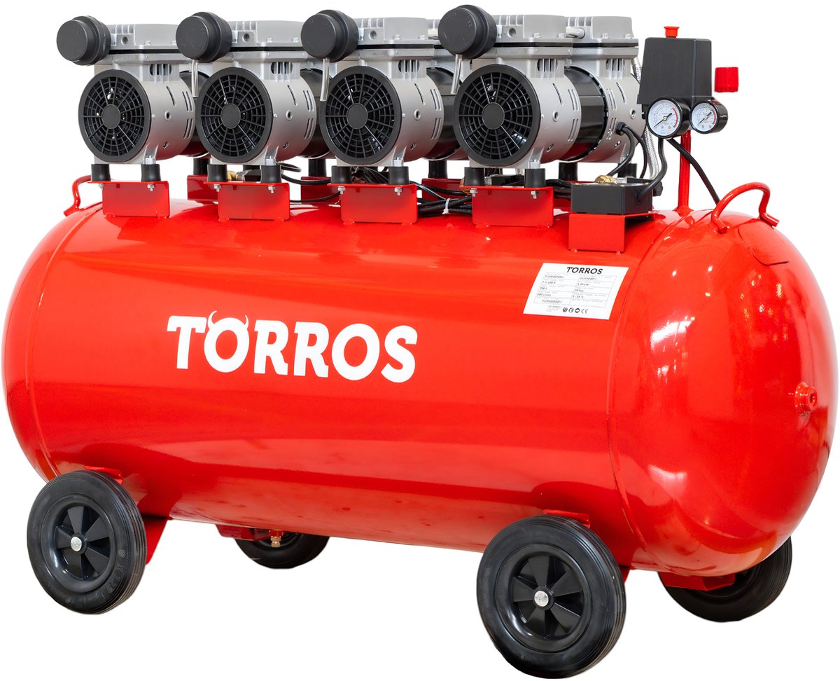 Compressor geluidsarm olievrij ketel 200 L 3 kW / 4 Pk 560 L/min 10 bar 81 dB(A) 230V Torros TC2004010MS