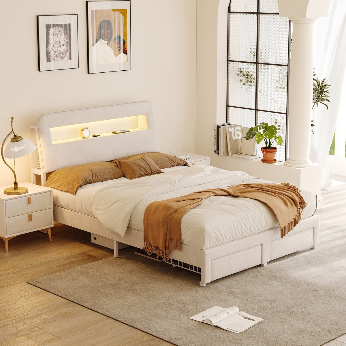 Modern gestoffeerd bed 160 x 200 cm met ledverlichting, tweepersoonsbed met 2 lades, jeugdbed met hydraulische opbergruimte, modern bedframe met lattenbodem, beige fluweel, zonder matras (splitsen voor 2 pakketten voor verzending)