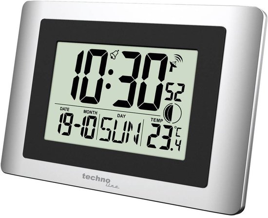 Digitale wandklok met zilveren frame. Toont tijd 10:30, datum 19-10, dag ZON en temperatuur 23.4°C.