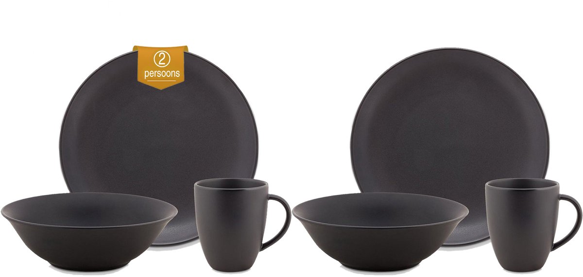 vtwonen - Basic - voor 2 Personen - Serviesset - Zwart - Porselein