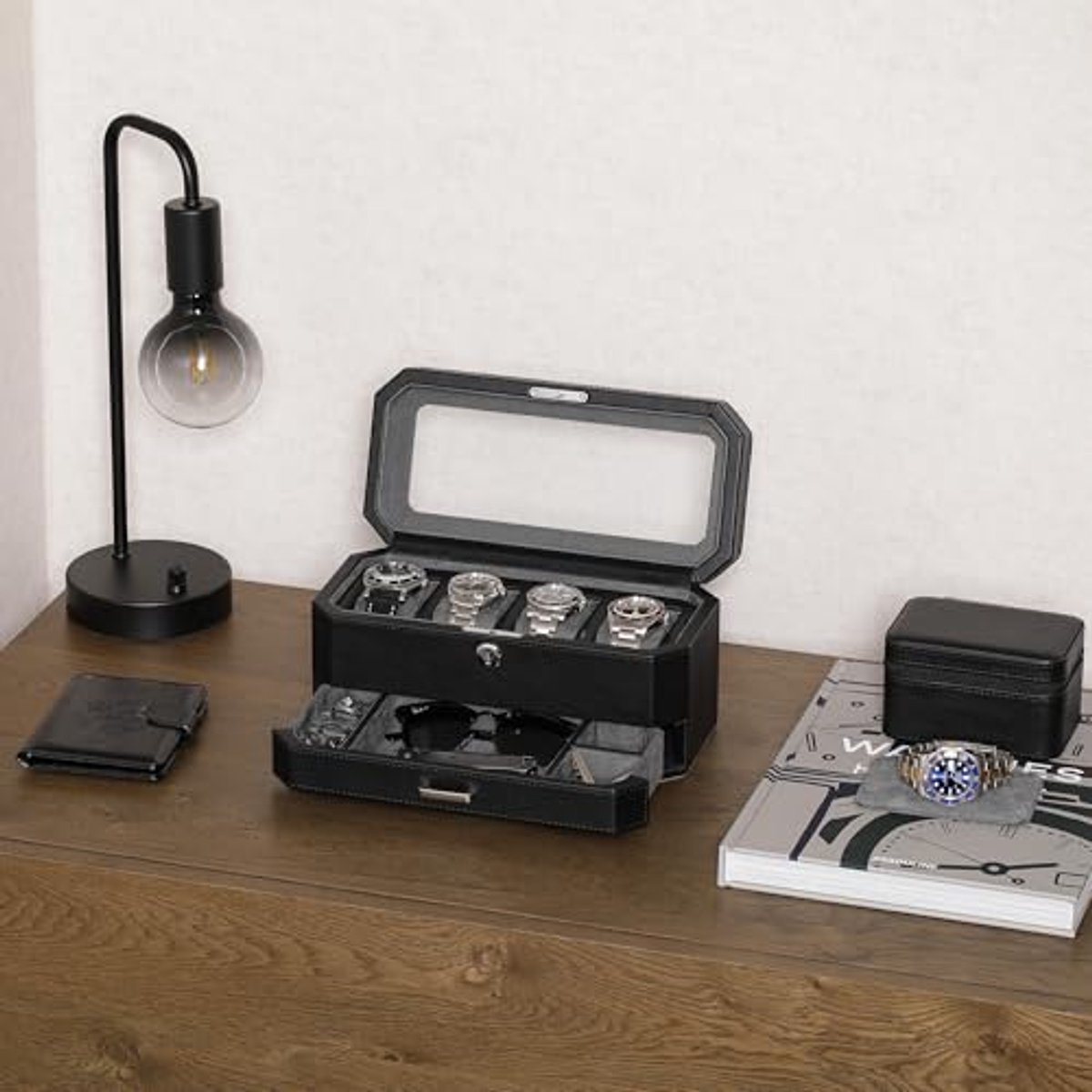 Leren Horlogedoos met 4 Compartimenten en Valet Lade - Luxe Display Cabinet en Juwelen Organizer